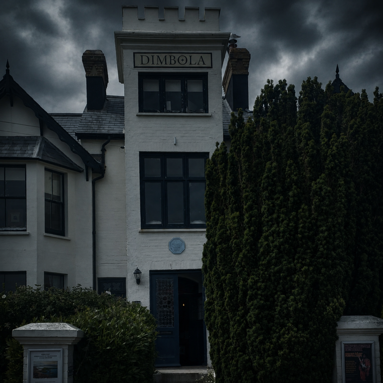 White brick mansion with a turret and blue door, sign reads DIMBOLA, under a stormy sky with a dense hedge on the right.