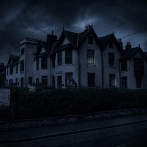Row of white brick houses with gabled roofs under a dark, cloudy night sky, hedge line in front and a single lit window.