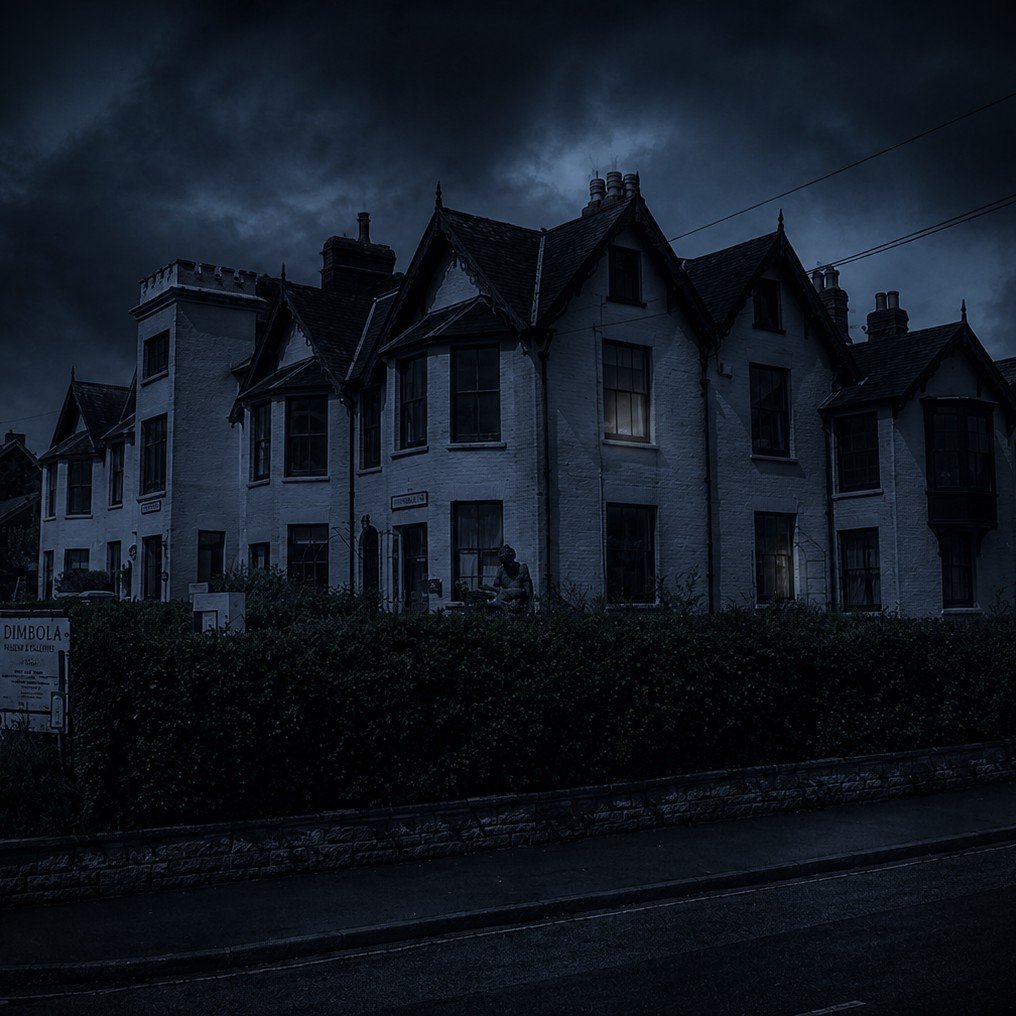 Row of white brick houses with gabled roofs under a dark, cloudy night sky, hedge line in front and a single lit window.