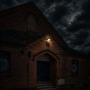 Brick theatre at night with a single warm light above the door and a dark, stormy sky overhead.